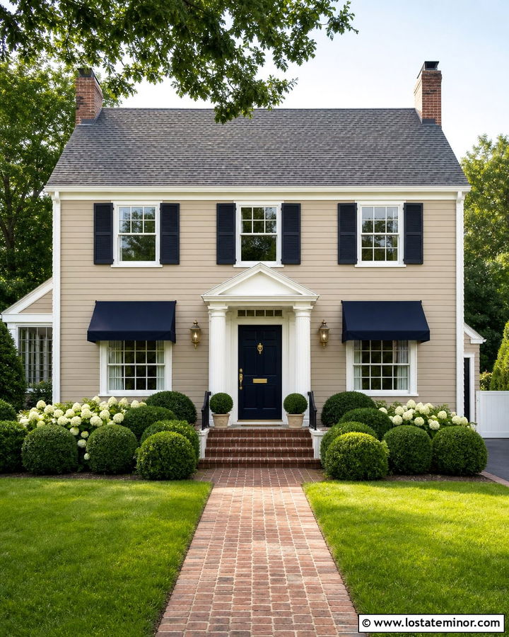 Beige Colonial House With Navy Awnings - 30 Beige House Design With Awning Ideas