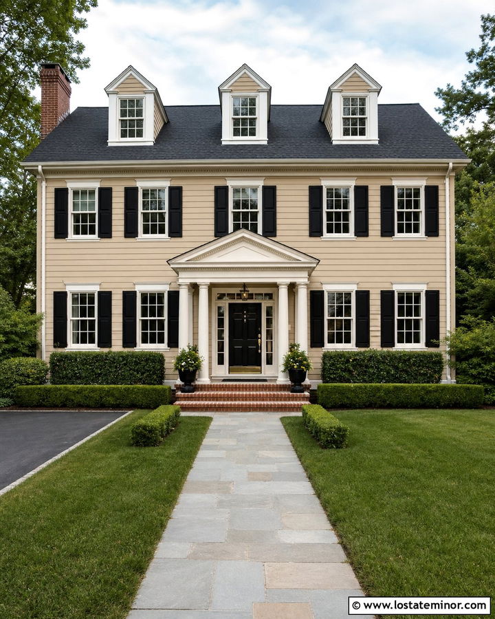 Beige Colonial House With Symmetrical Dormers - 30 Beige House Design With Dormers Ideas