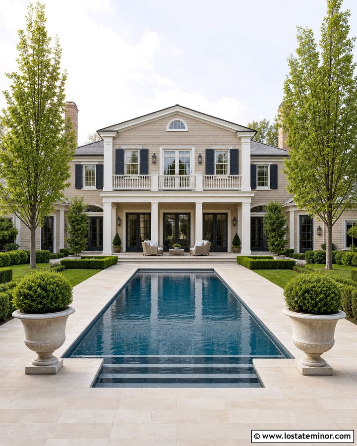 Beige Colonial House With Symmetrical Pool - 30 Beige House Design With Swimming Pool Ideas