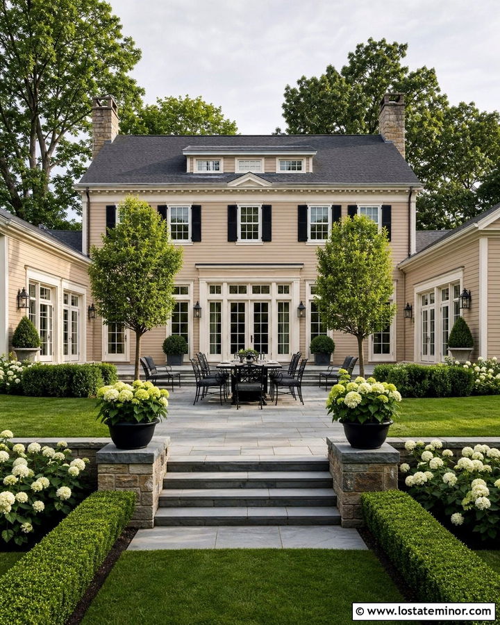 Beige Colonial House With Terrace - 30 Beige House Design With Backyard Ideas
