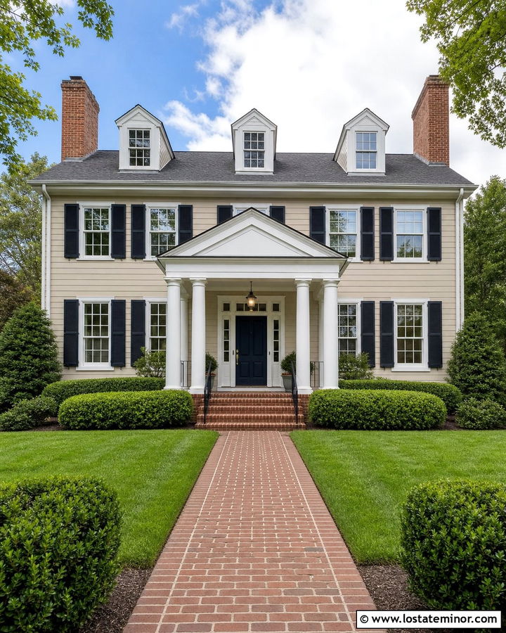 Beige Colonial House With White Gabled Portico - 30 Beige House Design With Portico Ideas