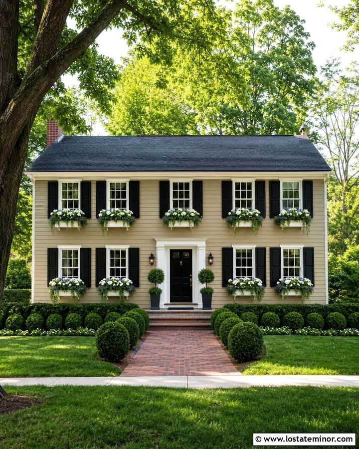 Beige Colonial House With White Window Boxes - 30 Beige House Design With Window Boxes Ideas