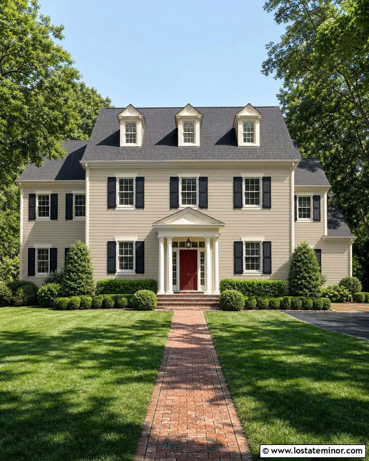 Beige Colonial With Louvered Shutters - 30 Beige House Design With Shutters Ideas