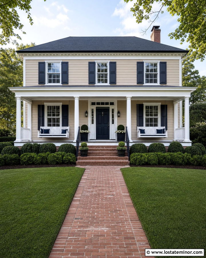 Beige Colonial With Matching Porch Swings - 30 Beige House Design With Swing Ideas