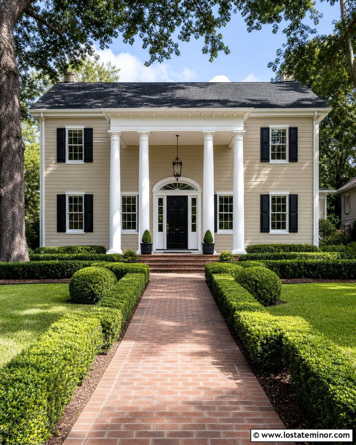 Beige Colonial With Round White Columns - 30 Beige House Design With Porch Columns Ideas