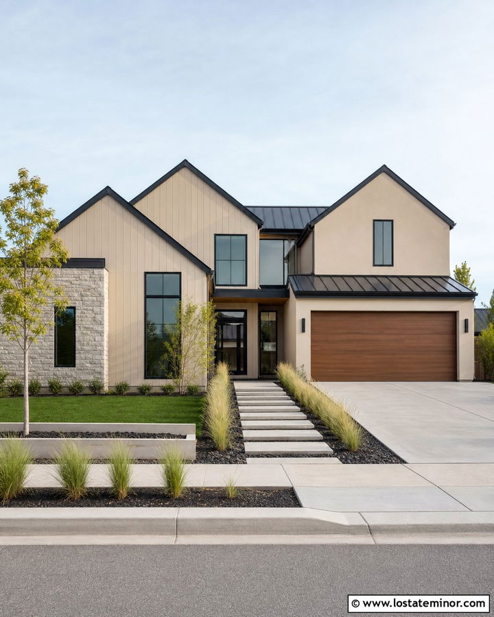 Beige Contemporary House With Asymmetrical Gables - 30 Beige House Design With Gables Ideas