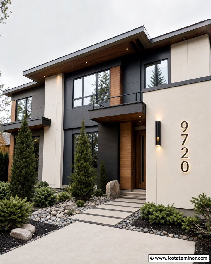 Beige Contemporary House With Backlit Numbers - 30 Beige House Design With House Numbers Ideas
