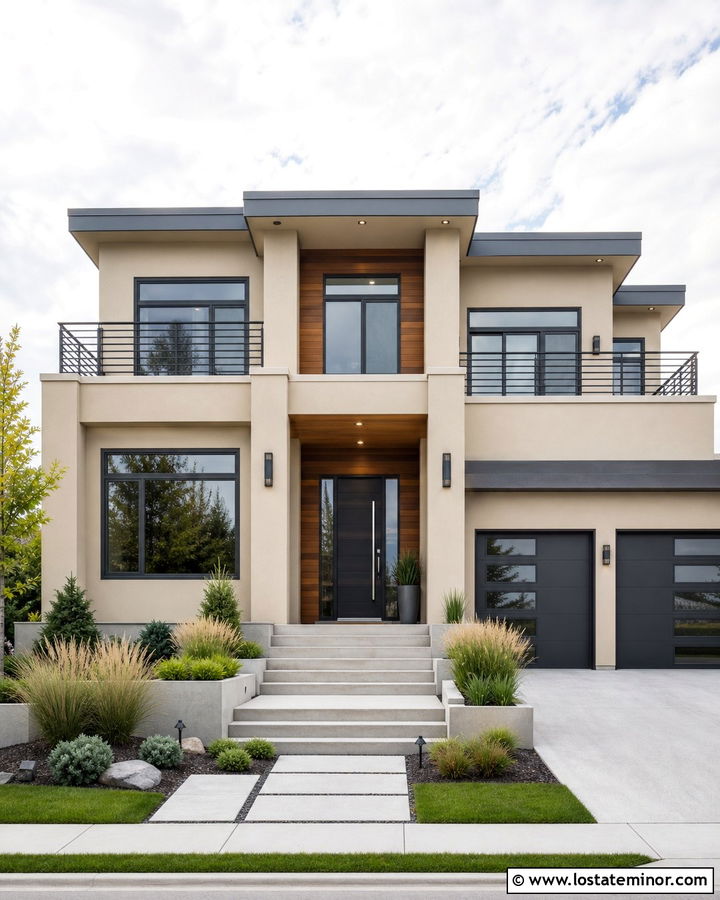 Beige Contemporary House With Charcoal Railings - 30 Beige House Design With Railings Ideas