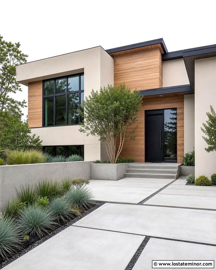 Beige Contemporary House With Concrete Pavers - 30 Beige House Design With Front Yard Ideas