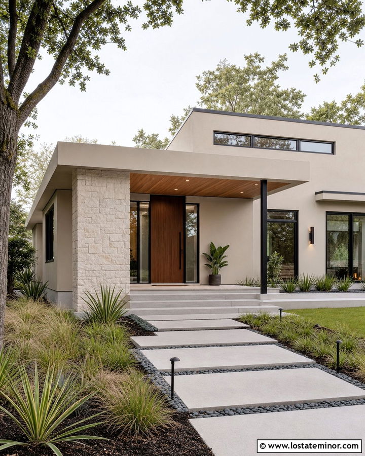 Beige Contemporary House With Flat Roof Portico - 30 Beige House Design With Portico Ideas