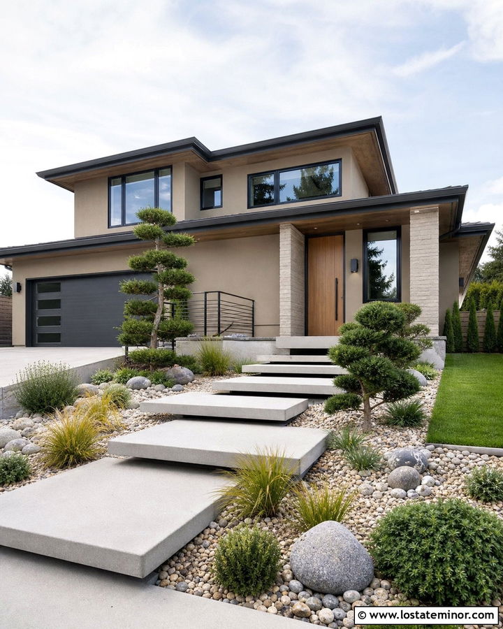 Beige Contemporary House With Floating Concrete Steps - 30 Beige House Design With Steps Ideas