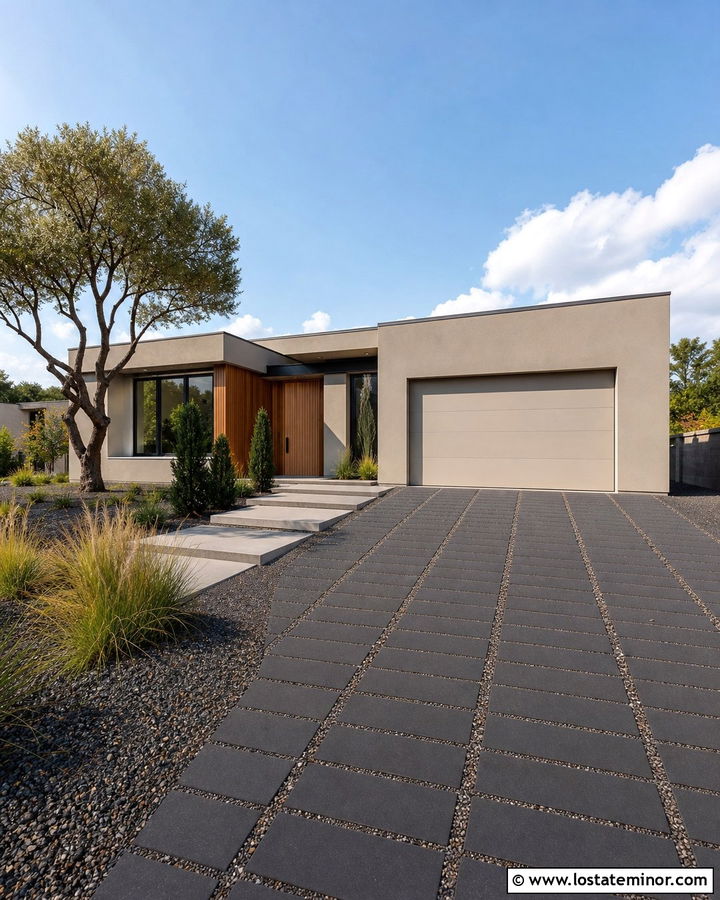 Beige Contemporary House With Permeable Pavers - 30 Beige House Design With Driveway Ideas