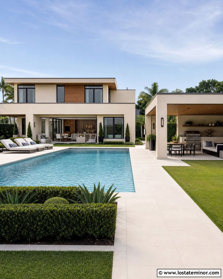 Beige Contemporary House With Pool Cabana - 30 Beige House Design With Swimming Pool Ideas