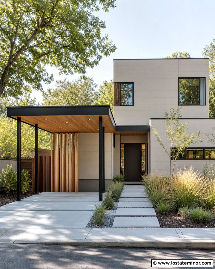 Beige Contemporary House With Steel Carport - 30 Beige House Design With Carport Ideas
