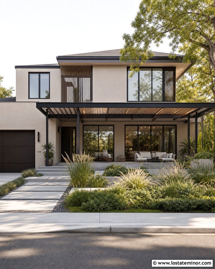 Beige Contemporary House With Steel Pergola - 30 Beige House Design With Pergola Ideas
