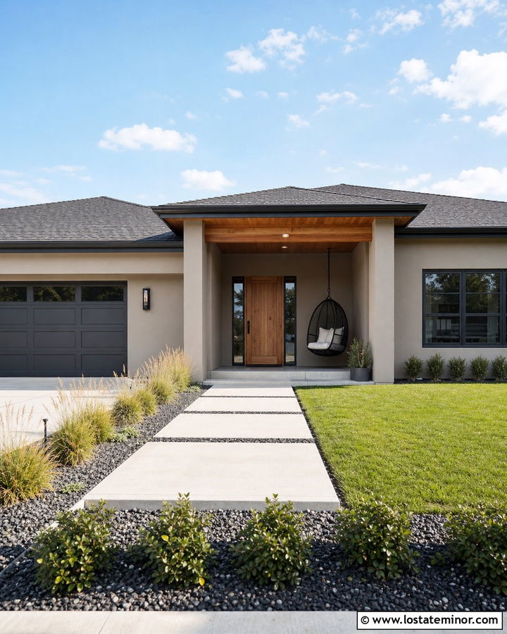 Beige Contemporary Ranch With Egg Swing - 30 Beige House Design With Swing Ideas