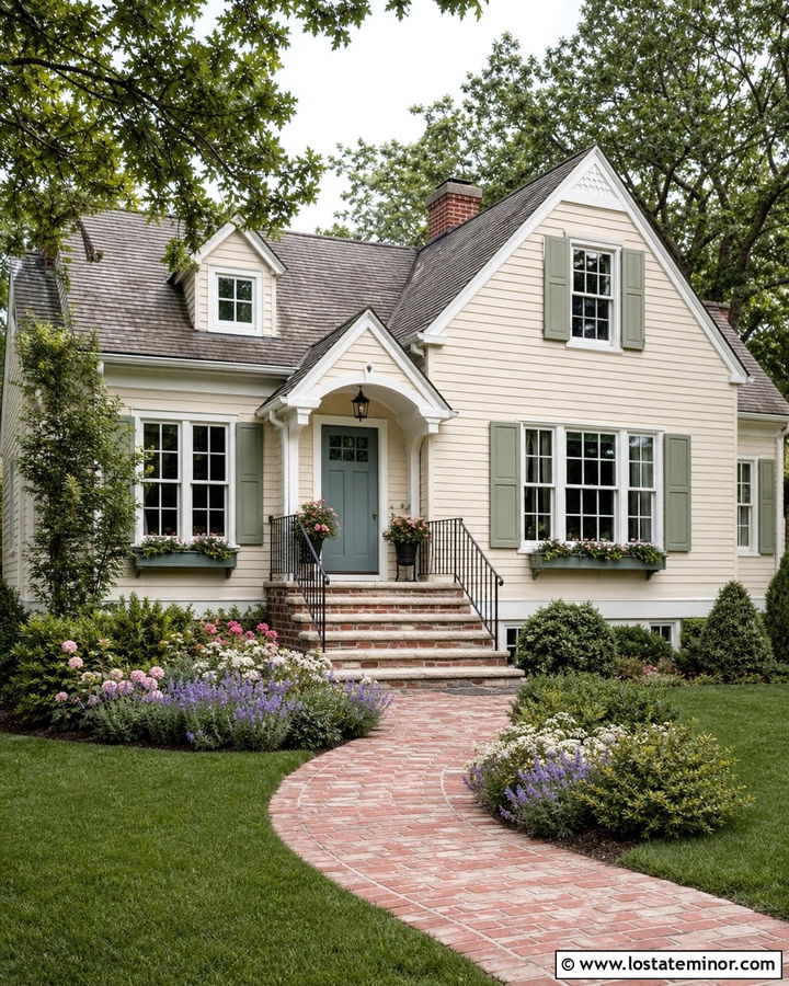 Beige Cottage House With Brick And Stone Steps - 30 Beige House Design With Steps Ideas
