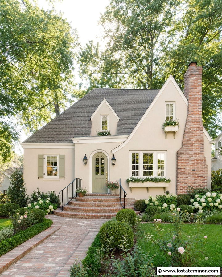 Beige Cottage House With Brick Steps - 30 Beige House Design With Brick Accents Ideas