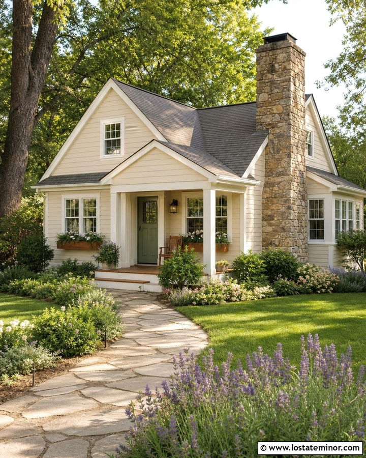 Beige Cottage House With Fieldstone Chimney - 30 Beige House Design With Chimney Ideas