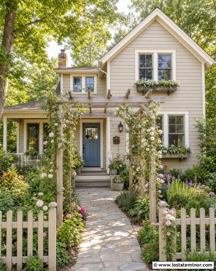 Beige Cottage House With Garden Pergola - 30 Beige House Design With Pergola Ideas