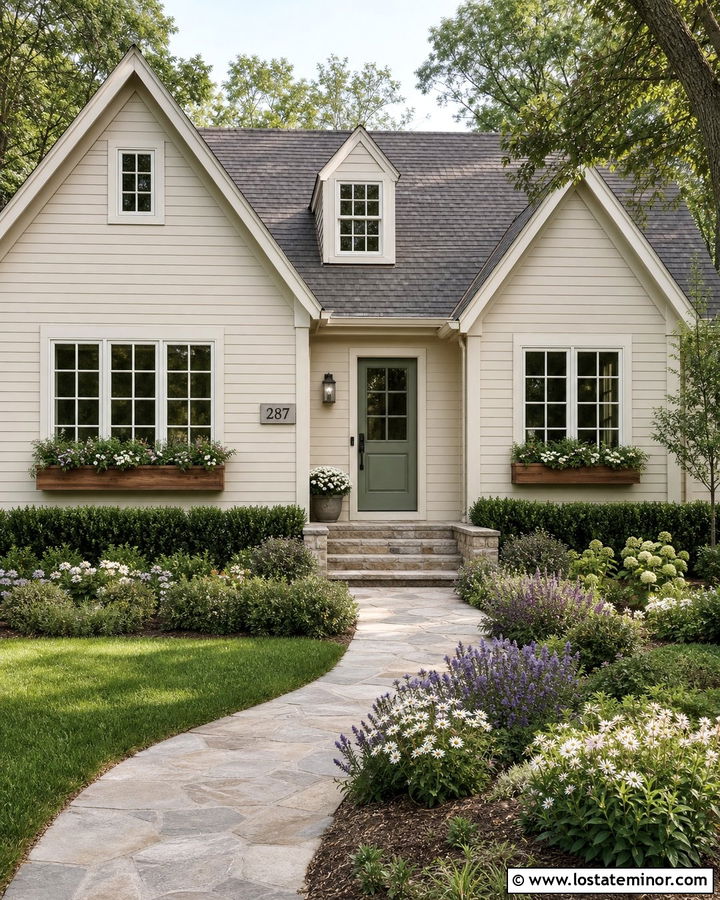 Beige Cottage House With Painted Number Sign - 30 Beige House Design With House Numbers Ideas