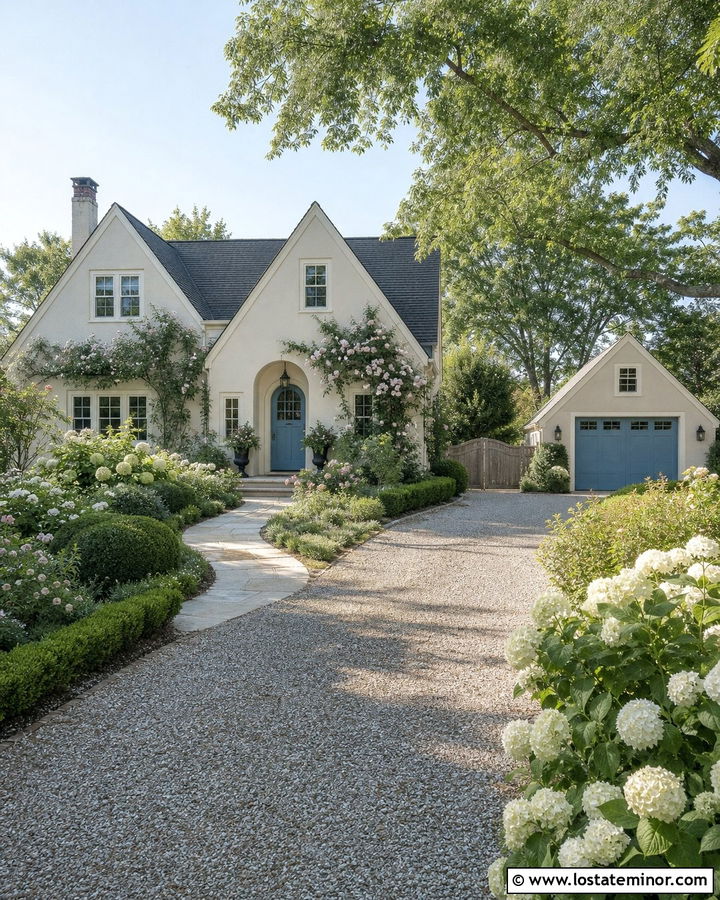 Beige Cottage House With Pea Gravel Driveway - 30 Beige House Design With Driveway Ideas