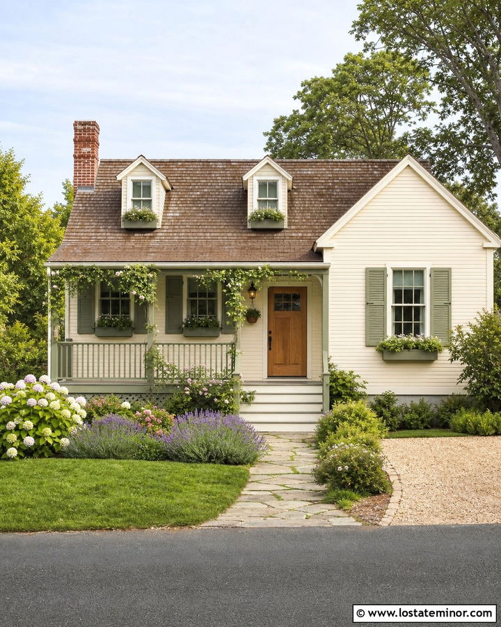 Beige Cottage House With Sage Green Railings - 30 Beige House Design With Railings Ideas