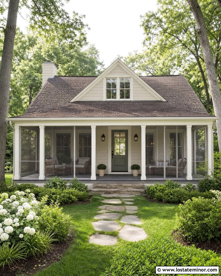Beige Cottage House With Screened Front Porch - 30 Beige House Design With Front Porch Ideas