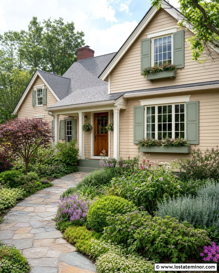 Beige Cottage House With Stone Path - 30 Beige House Design With Front Yard Ideas