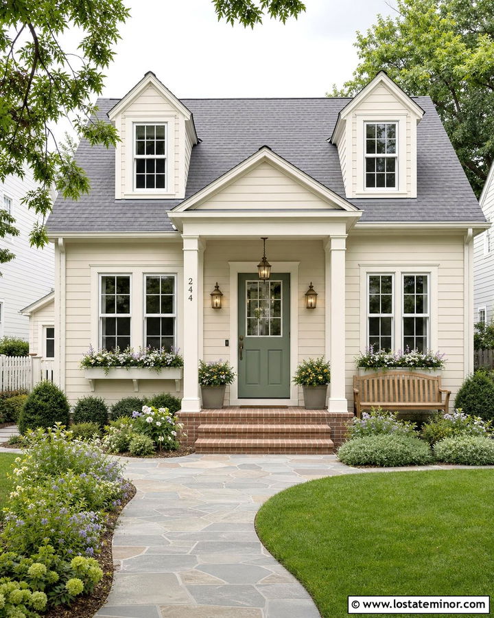 Beige Cottage With Brass Lights And Sage Door - 30 Beige House Design With Light Fixtures Ideas