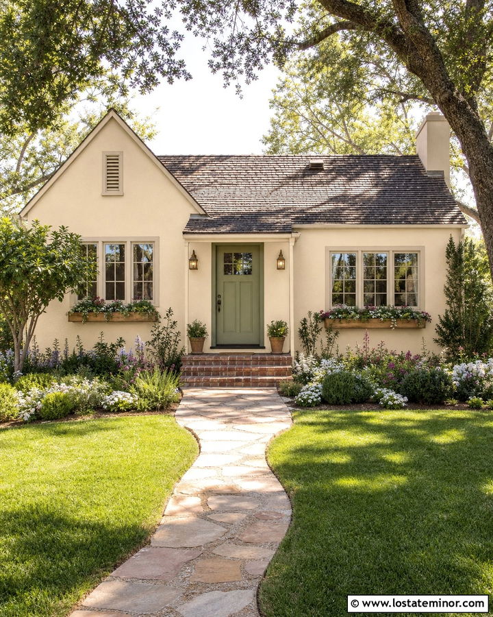 Beige Cottage With Brass Porch Lights - 30 Beige House Design With Lighting Ideas