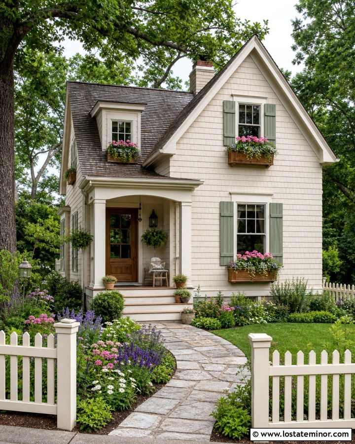Beige Cottage With Cedar Window Boxes - 30 Beige House Design With Window Boxes Ideas