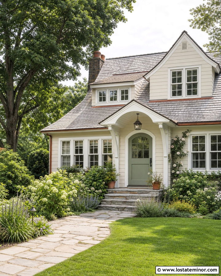Beige Cottage With Curved Roof Portico - 30 Beige House Design With Portico Ideas