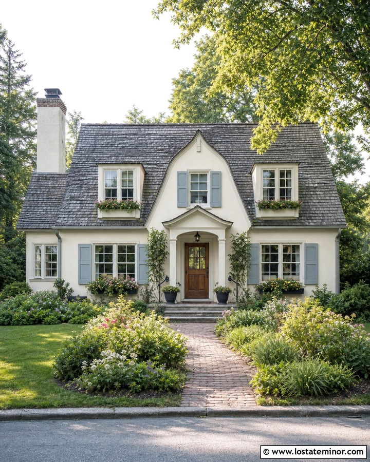 Beige Cottage With Dusty Blue Shutters - 30 Beige House Design With Shutters Ideas