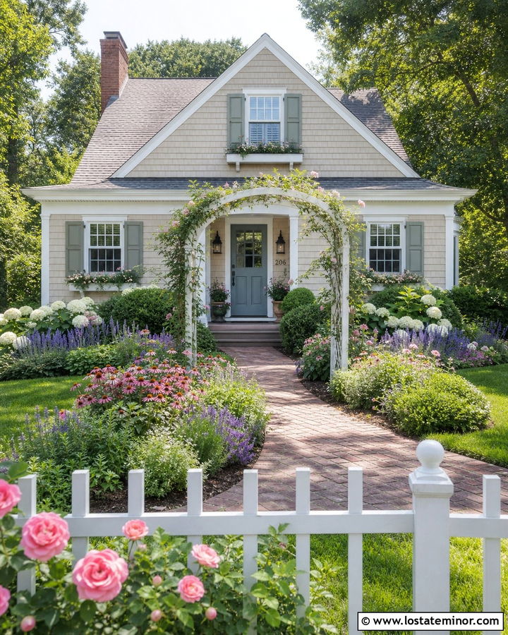 Beige Cottage With Flowering Garden Beds - 30 Beige House Design With Landscaping Ideas