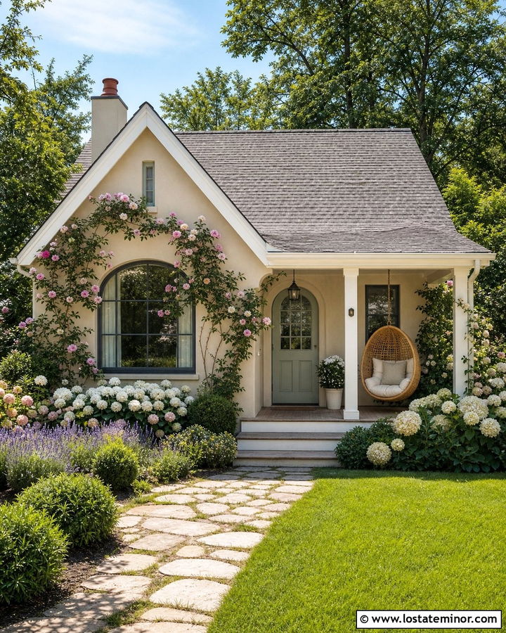 Beige Cottage With Hanging Rattan Swing - 30 Beige House Design With Swing Ideas