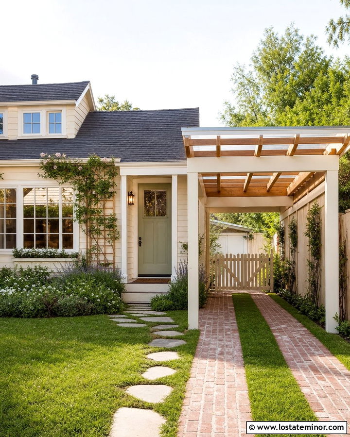 Beige Cottage With Pergola Carport - 30 Beige House Design With Carport Ideas