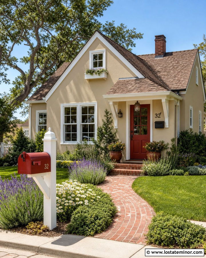 Beige Cottage With Red Mailbox - 30 Beige House Design With Mailbox Ideas
