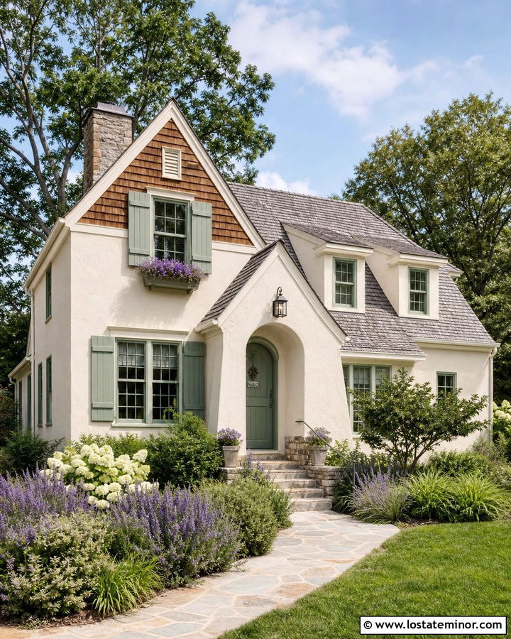 Beige Cottage With Sage Green Window Frames - 30 Beige House Design With Window Frames Ideas