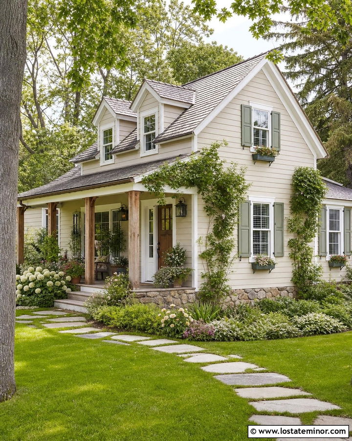 Beige Cottage With Wood Porch Posts - 30 Beige House Design With Porch Columns Ideas