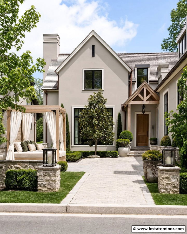 Beige Courtyard House With Cabana Daybed - 30 Beige House Design With Daybed Ideas