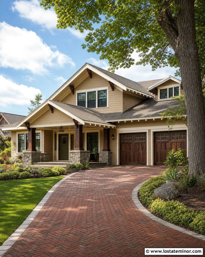 Beige Craftsman House With Brick Driveway - 30 Beige House Design With Driveway Ideas
