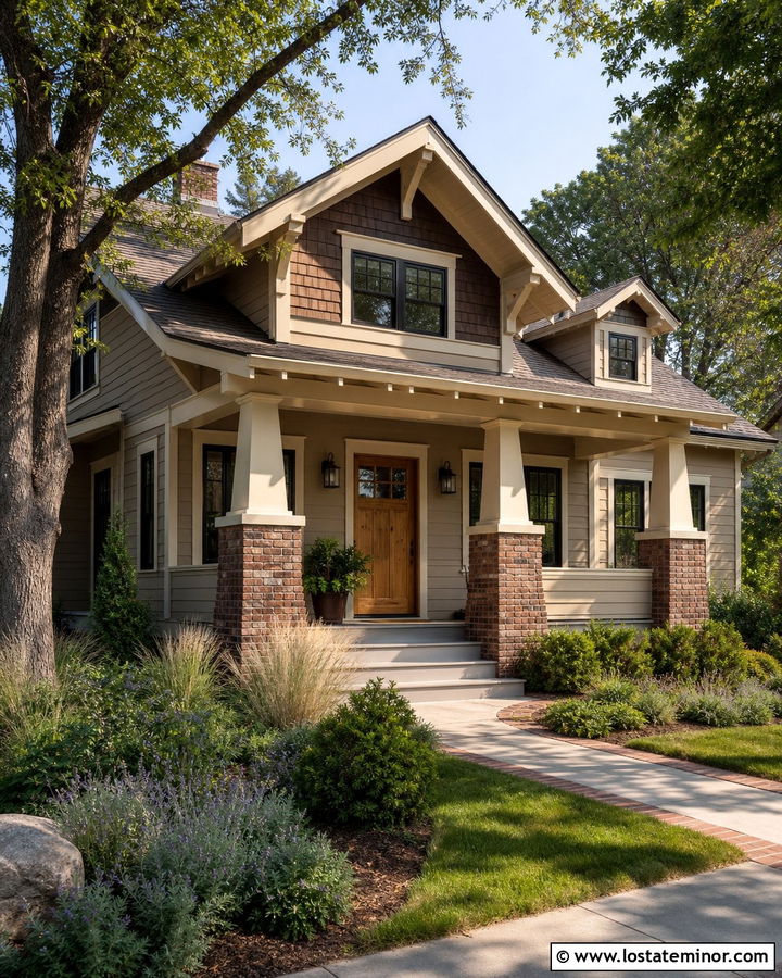 Beige Craftsman House With Brick Porch Columns - 30 Beige House Design With Brick Accents Ideas