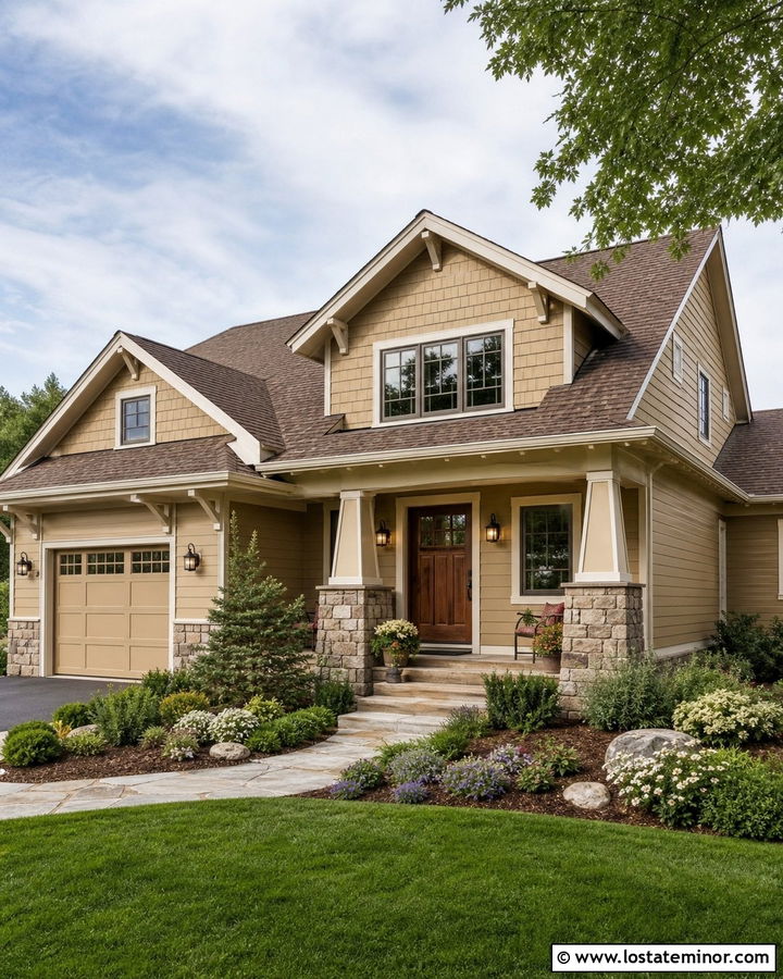Beige Craftsman House With Bronze Sconces - 30 Beige House Design With Lighting Ideas