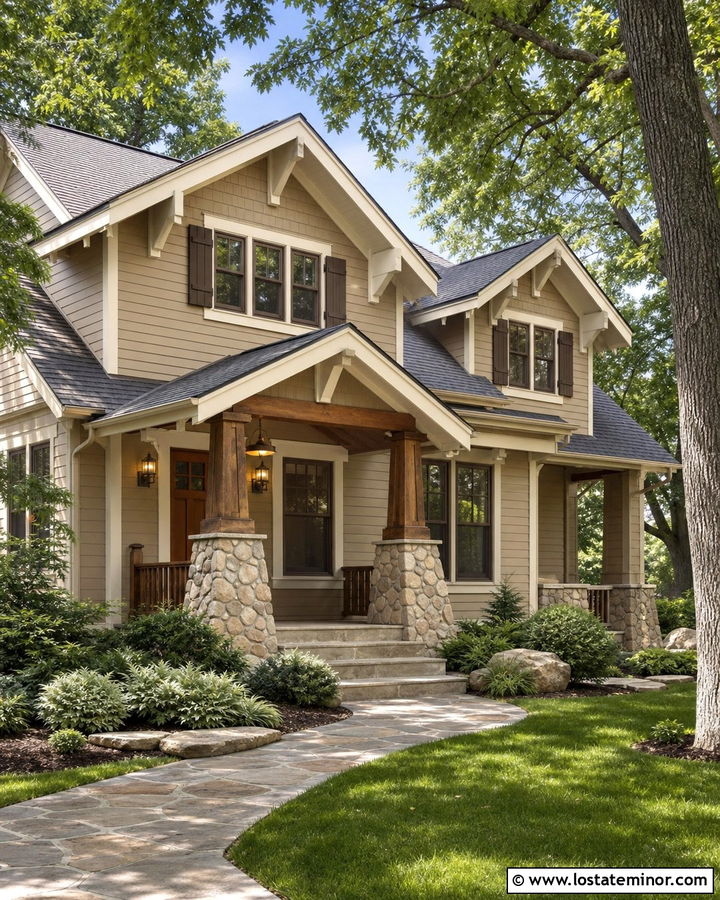 Beige Craftsman House With Brown Shutters - 30 Beige House Design With Shutters Ideas