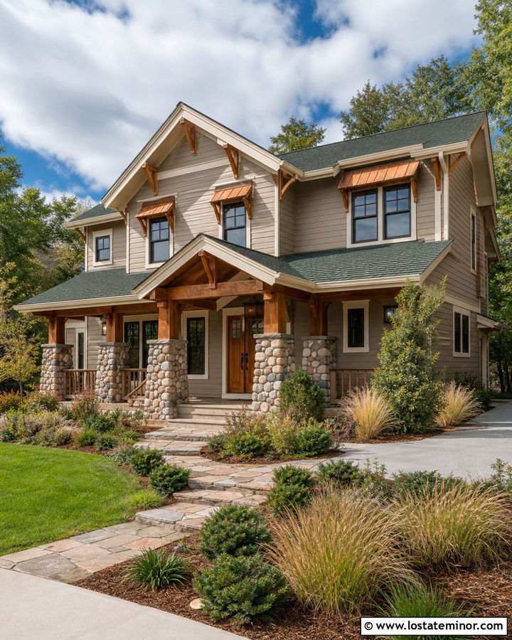 Beige Craftsman House With Cedar Awnings - 30 Beige House Design With Awning Ideas