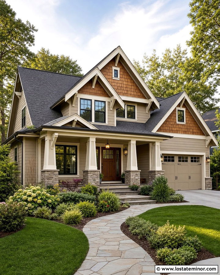 Beige Craftsman House With Cedar Gables - 30 Beige House Design With Gables Ideas