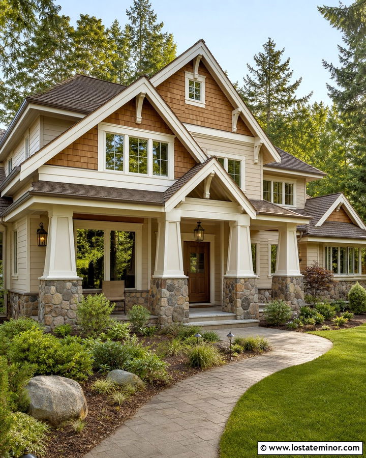 Beige Craftsman House With Cedar Shake Gables - 30 Beige House Design With Cedar Shake Ideas