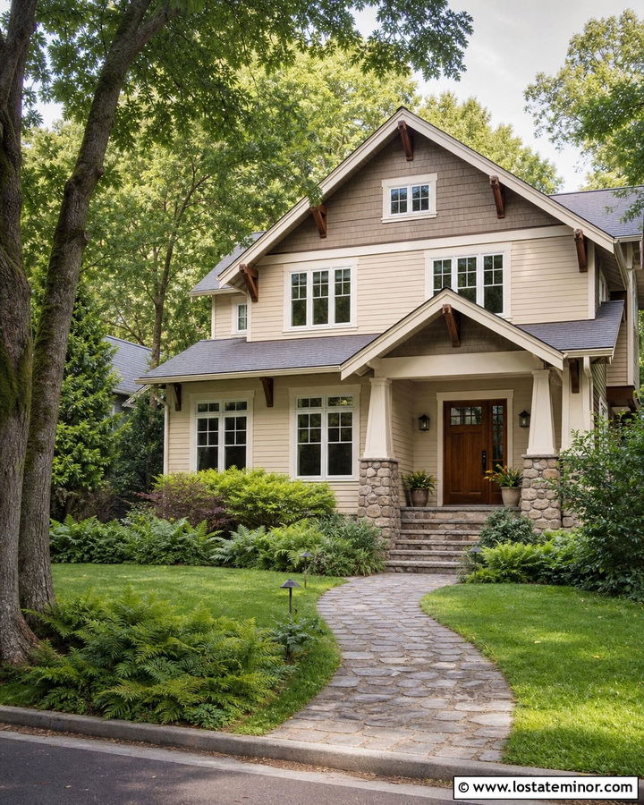 Beige Craftsman House With Cobblestone Walkway - 30 Beige House Design With Walkway Ideas