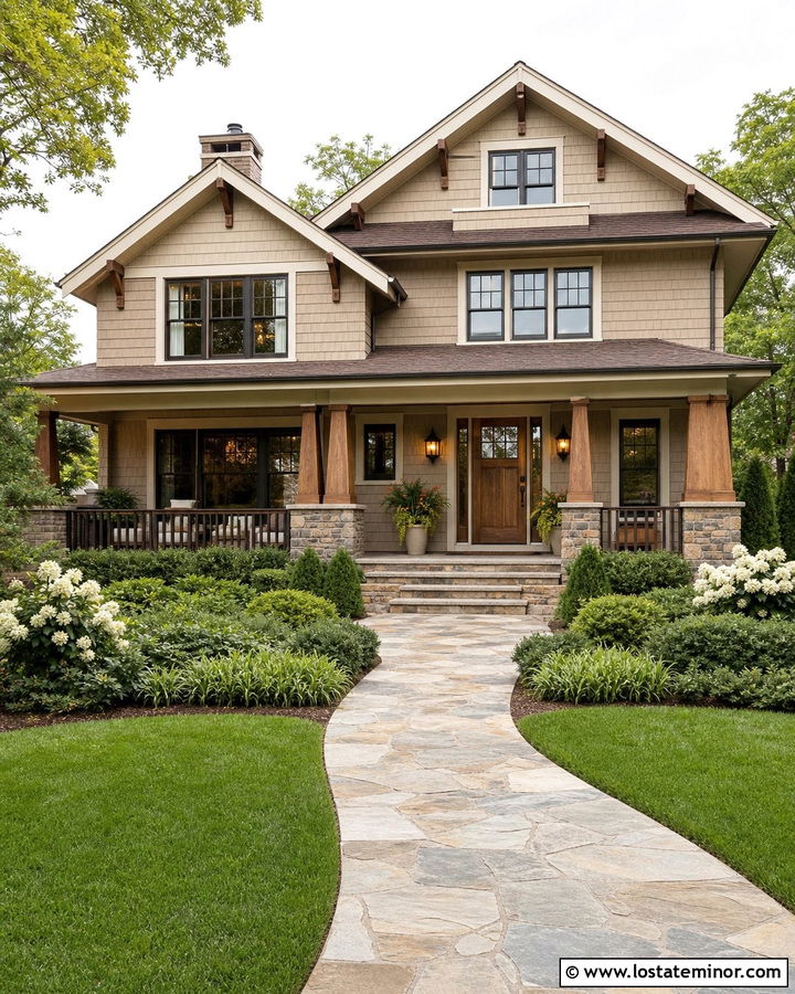 Beige Craftsman House With Copper Lanterns - 30 Beige House Design With Light Fixtures Ideas